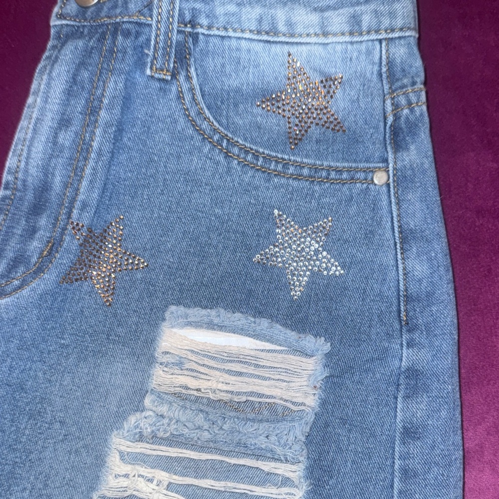 Denim Star-Embellished Women's Shorts Blue Jean Distressed Higheise Cutoff Small - Picture 5 of 11